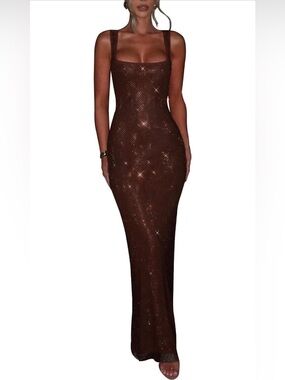 Brown sequin mesh beaded sleeveless scoopnecky Maxi Dress prom dress XL babyboo